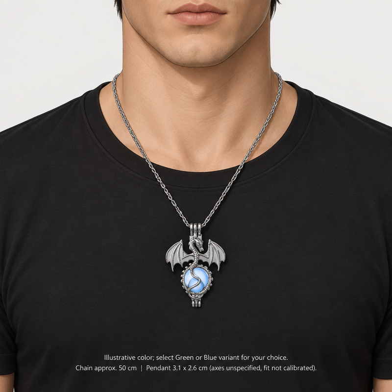 AI-generated worn styling illustration of dragon orb necklace; select Green or Blue variant, fit and depicted color not guaranteed